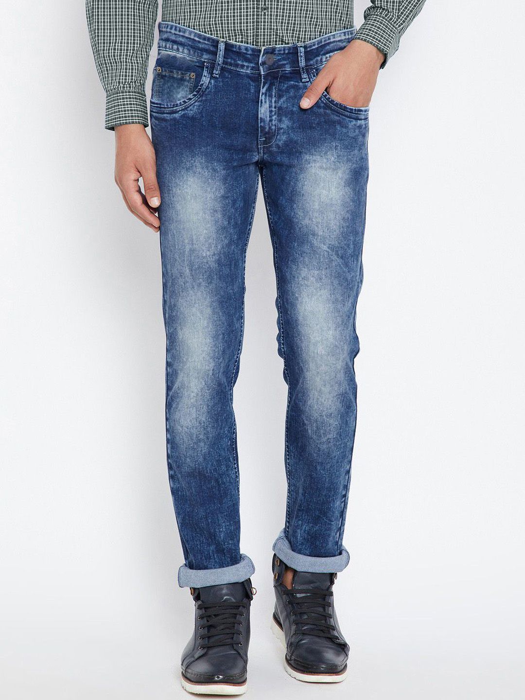 fineblu Men Boyfriend Fit Mid-Rise Heavy Fade Stretchable Jeans