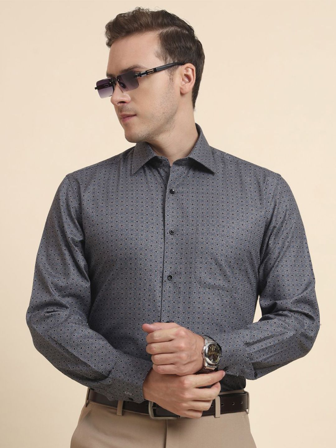JADE BLUE Men Geometric Printed Spread Collar Cotton Formal Shirt