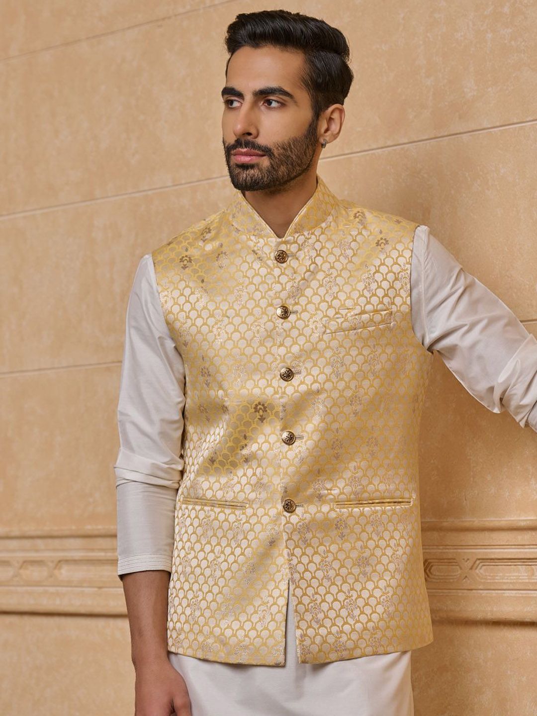 Tasva Men Woven Design Brocade Classic Bundi Nehru Jacket