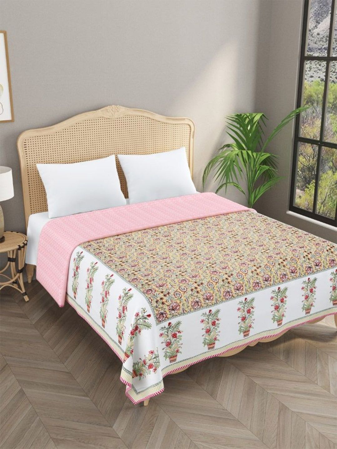 Gulaab Jaipur Green & Pink Ethnic Motifs Printed Cotton AC Room 150 GSM Double Bed Dohar