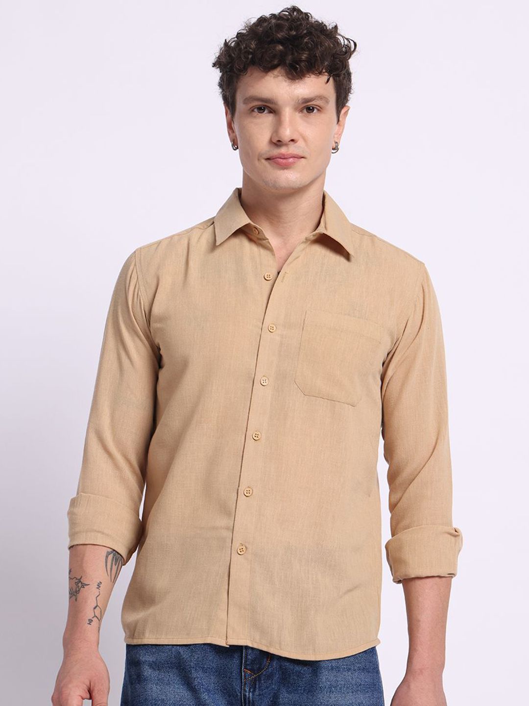 PANIT Men Standard Fit Solid Spread Collar Linen Casual Shirt