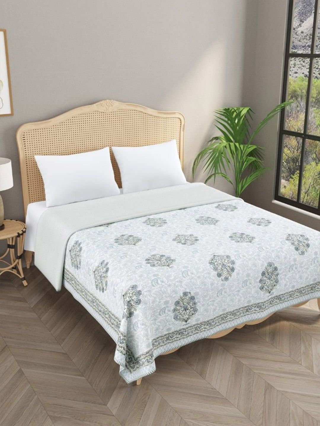 Gulaab Jaipur White & Grey Ethnic Motifs 150 GSM Cotton Double Bed Dohar