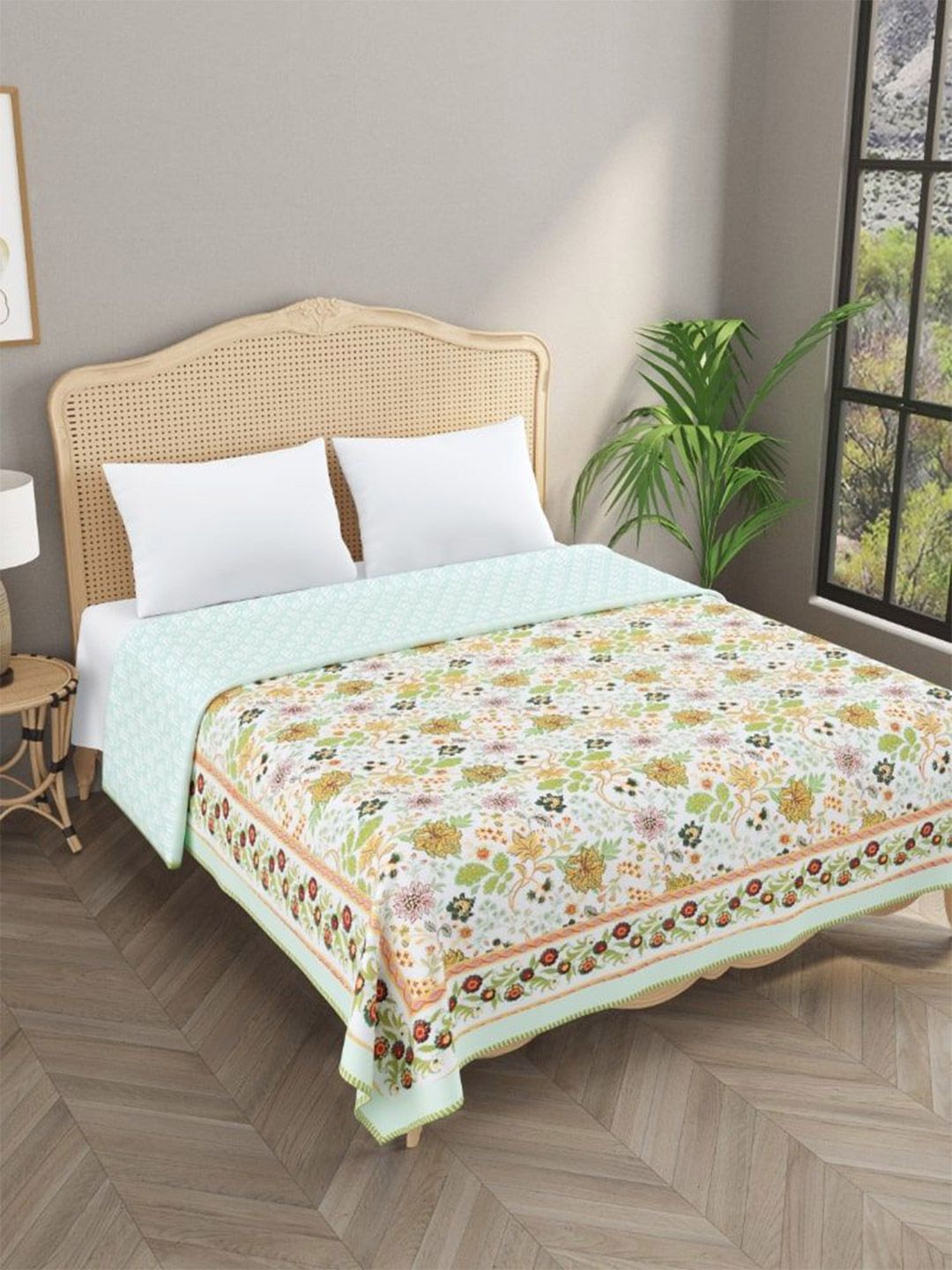 Gulaab Jaipur Green & Blue Floral Printed Cotton 150 GSM Single Bed Dohar