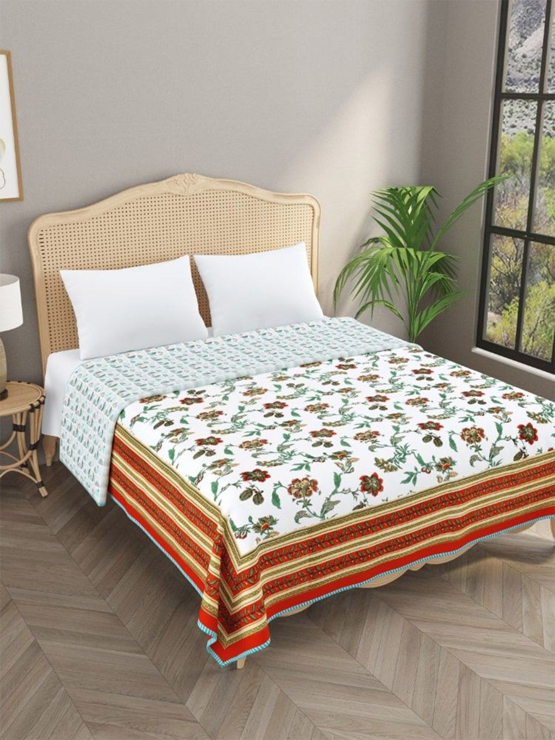Gulaab Jaipur White & Green Floral Printed Cotton AC Room 150 GSM Double Bed Dohar
