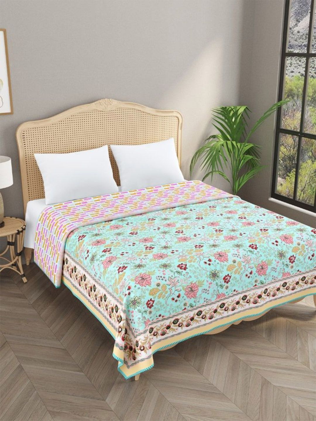 Gulaab Jaipur Blue & Orange Colored Floral Printed Cotton 150 GSM Single Bed Dohar
