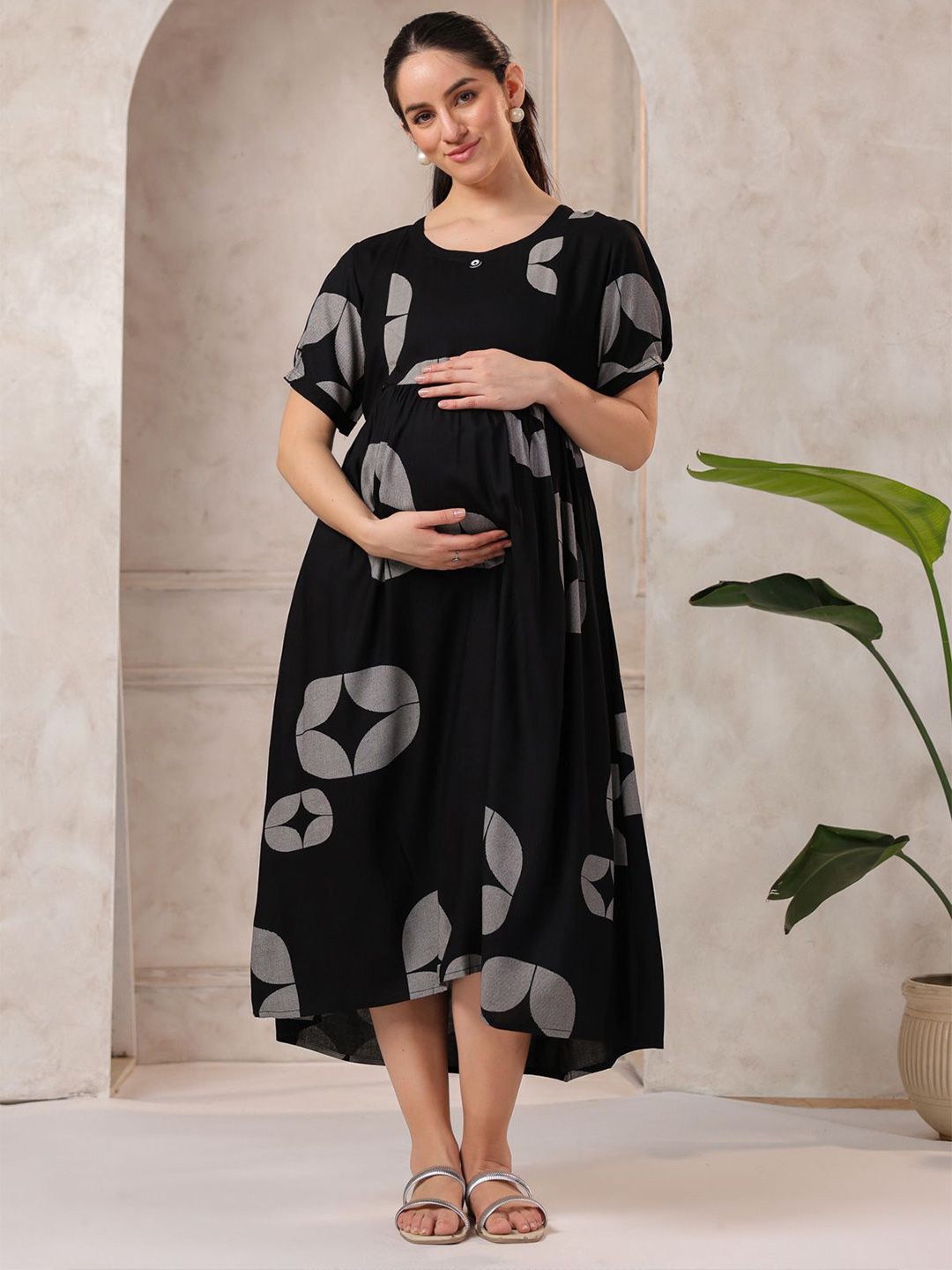 NIGHTSPREE Women Geometric Printed Puff Sleeves Maternity Fit & Flare Midi Dress