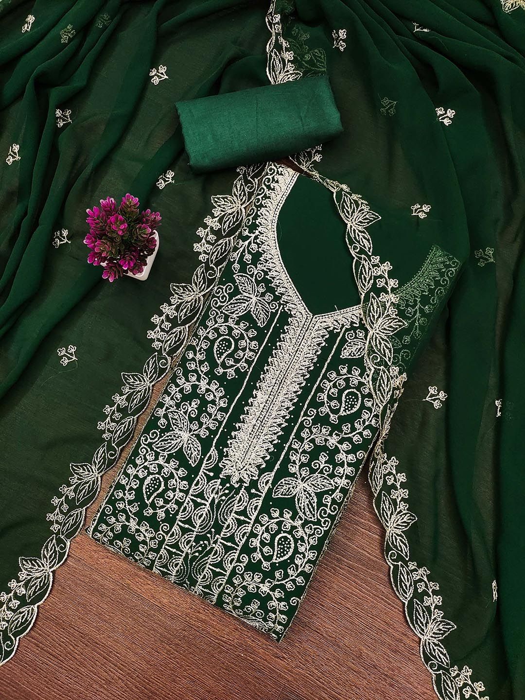 HERE&NOW Floral Embroidered Georgette Beads and Stones Unstitched Dress Material