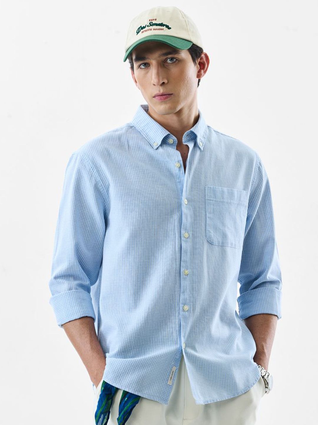 Micro Checked Button-Down Collar Cotton Linen Shirt Offers & Cashback