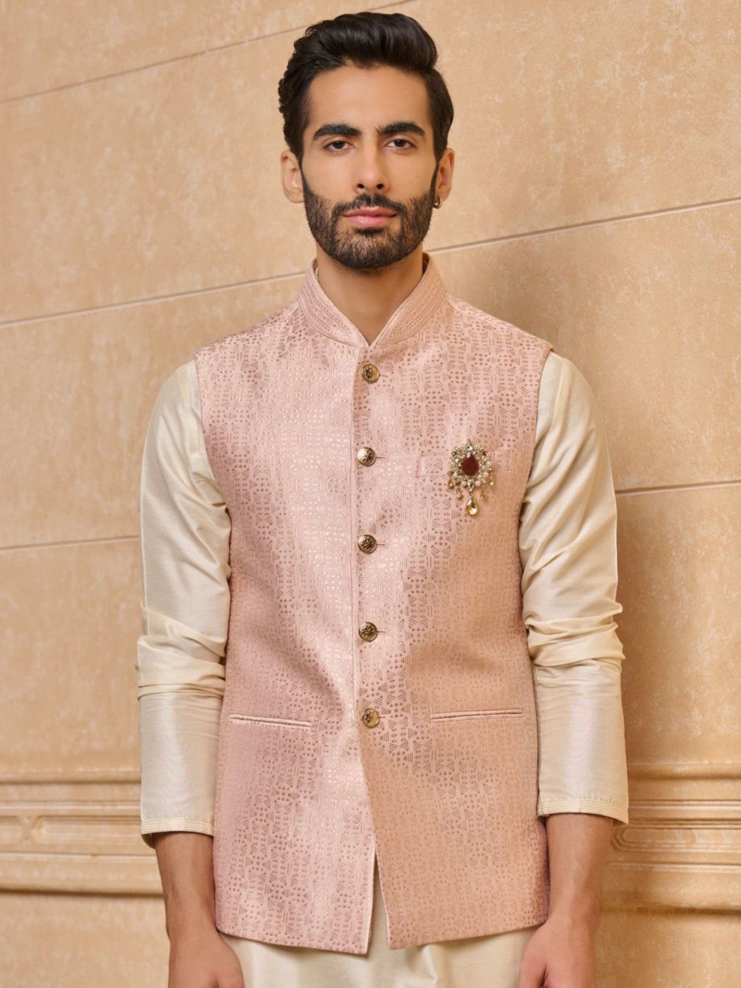 Tasva Woven Design Brocade Bundi Nehru Jacket