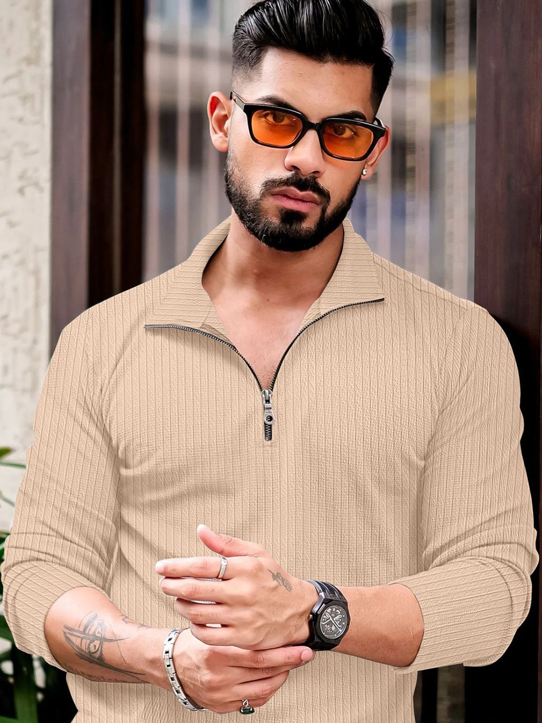 KAJARU Men Self Design Polo Collar T-shirt