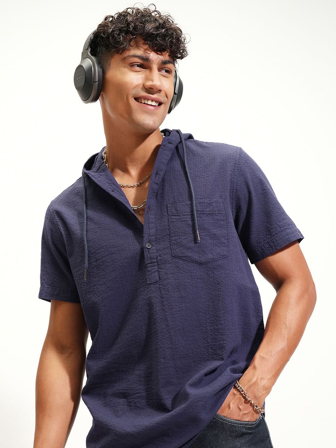 HIGHLANDER Striped Hooded Cotton Relaxed Fit Shirt