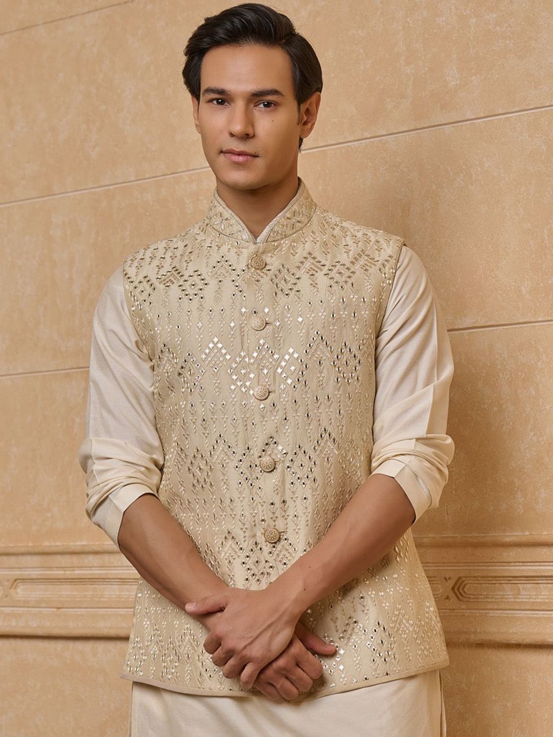 Tasva Patra Embroidered Woven Nehru Jackets