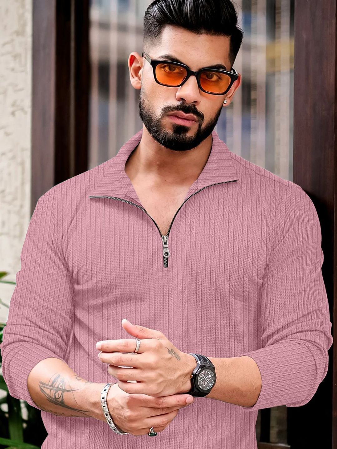 KAJARU Men Self Design Polo Collar T-shirt