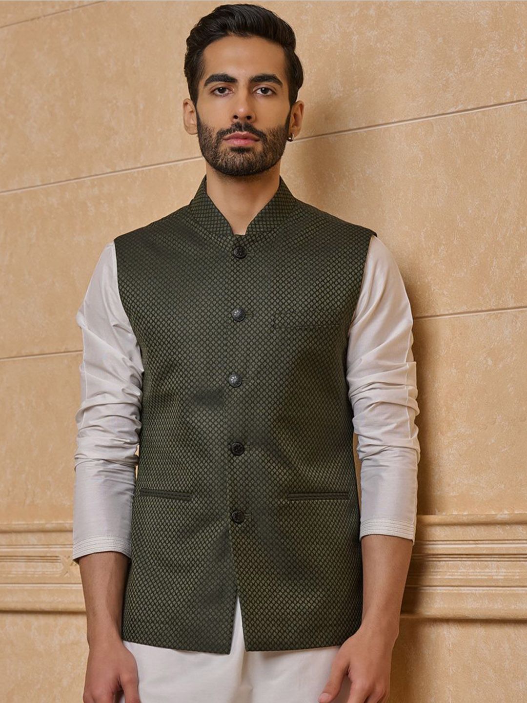 Tasva Woven Design Jacquard Classic Bundi Nehru Jacket