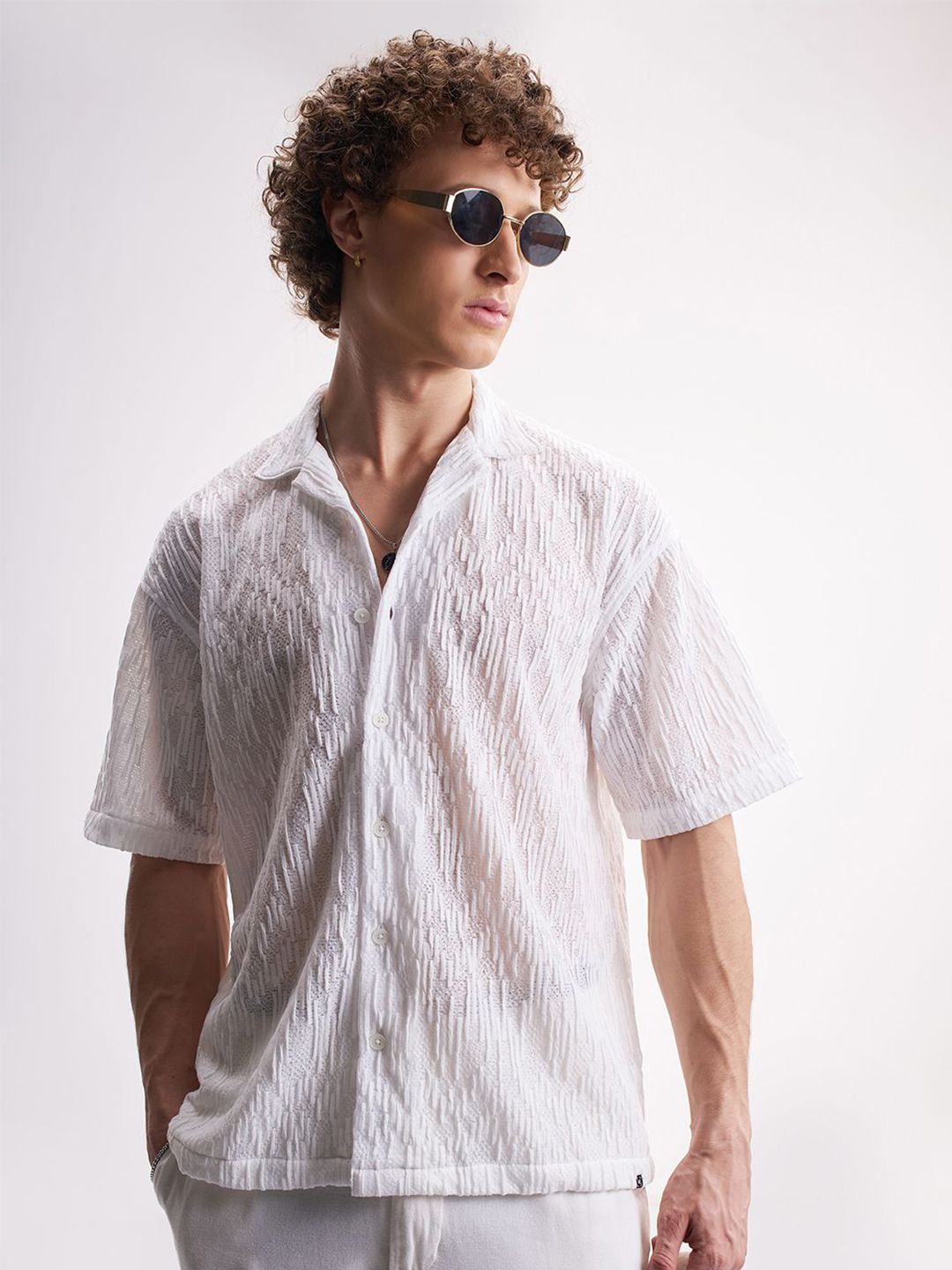 HIGHLANDER Men Textured Cuban Collar Casual Shirt