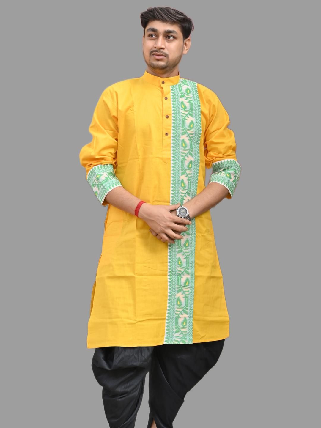 AMIT ONLINE Men Yellow Self Design Pure Cotton Ethnic Kurta