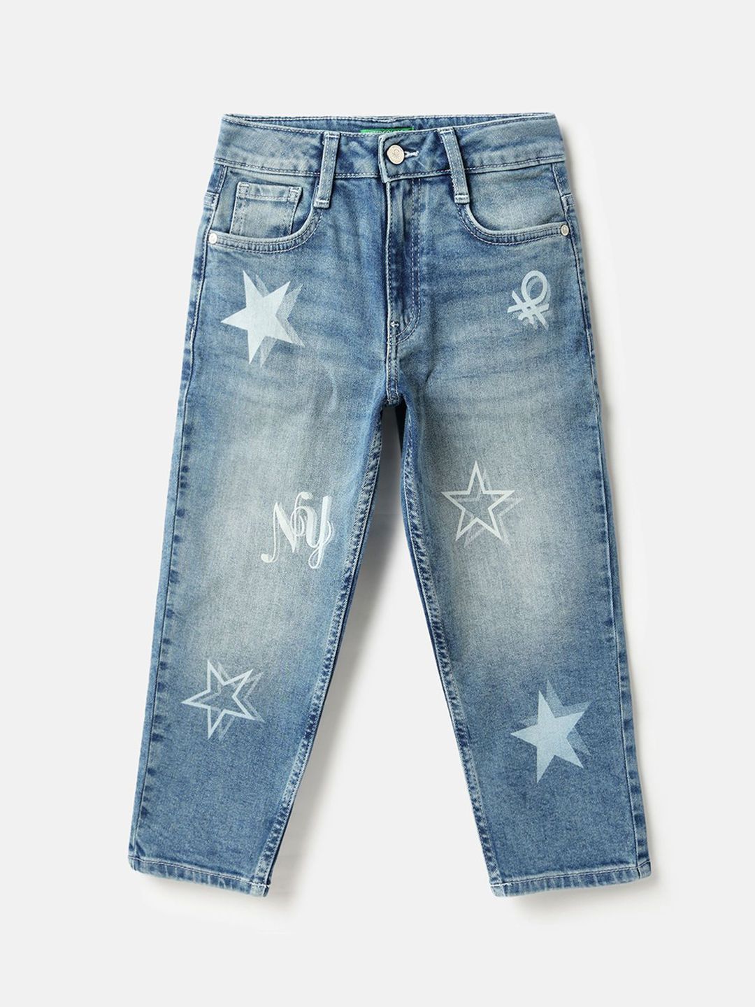 United Colors of Benetton Girls Mid-Rise Mom Fit Heavy Fade Printed Jeans