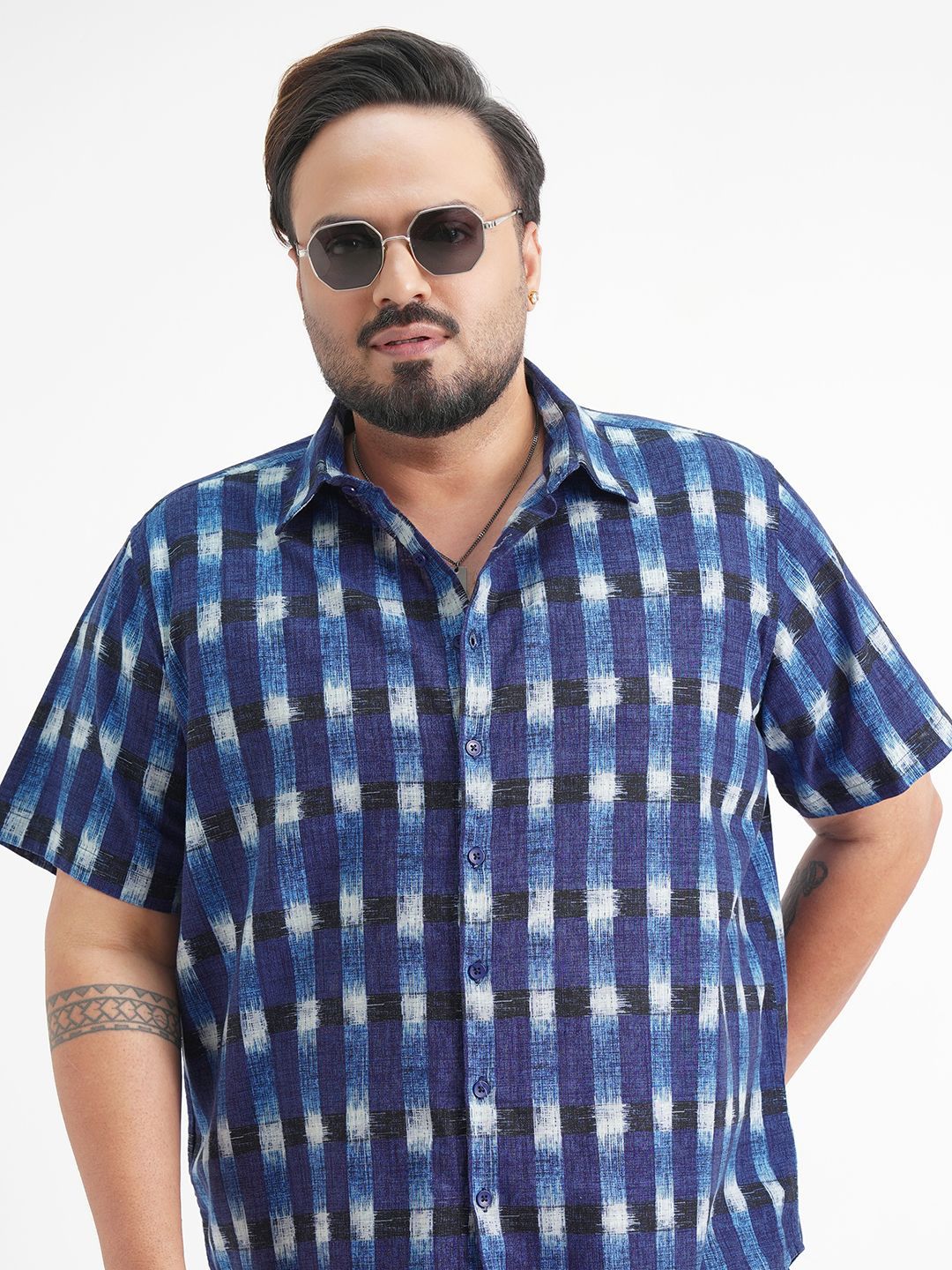 HIGHLANDER Plus Size Checked Spread Collar Cotton Shirt