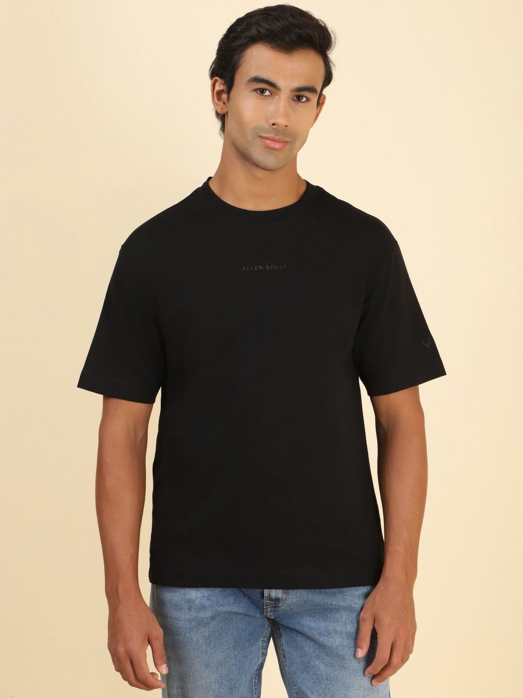 Allen Solly Men Self Design Solid Round Neck Cotton Oversized T-shirt