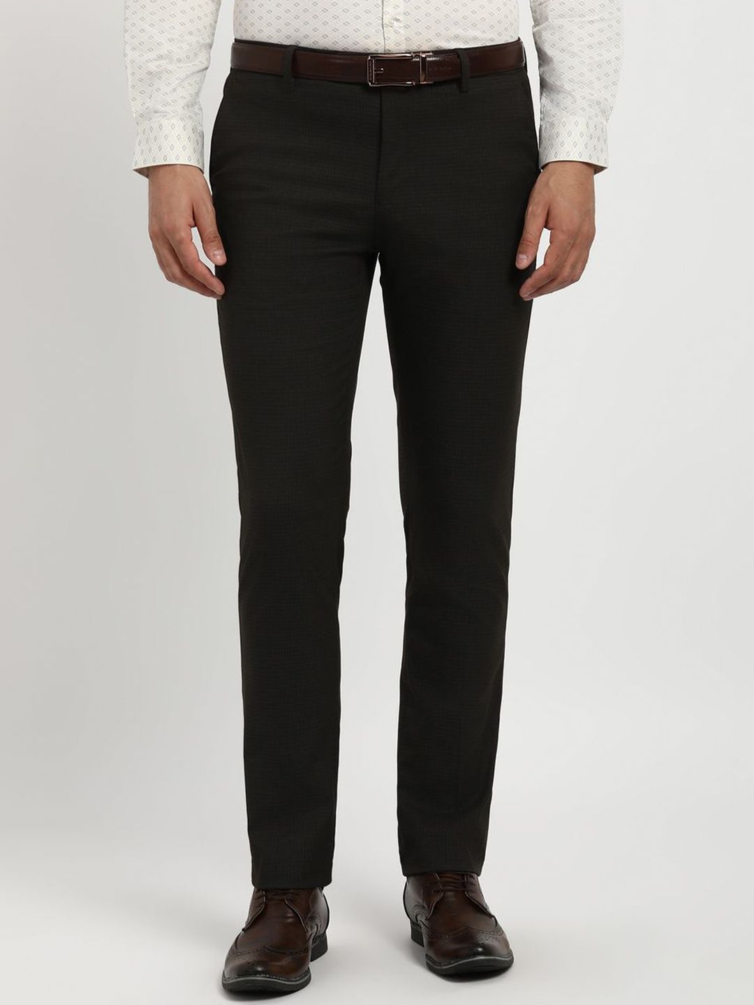 Peter England Elite Men Checked Printed Mid-Rise Slim Fit Formal Trousers