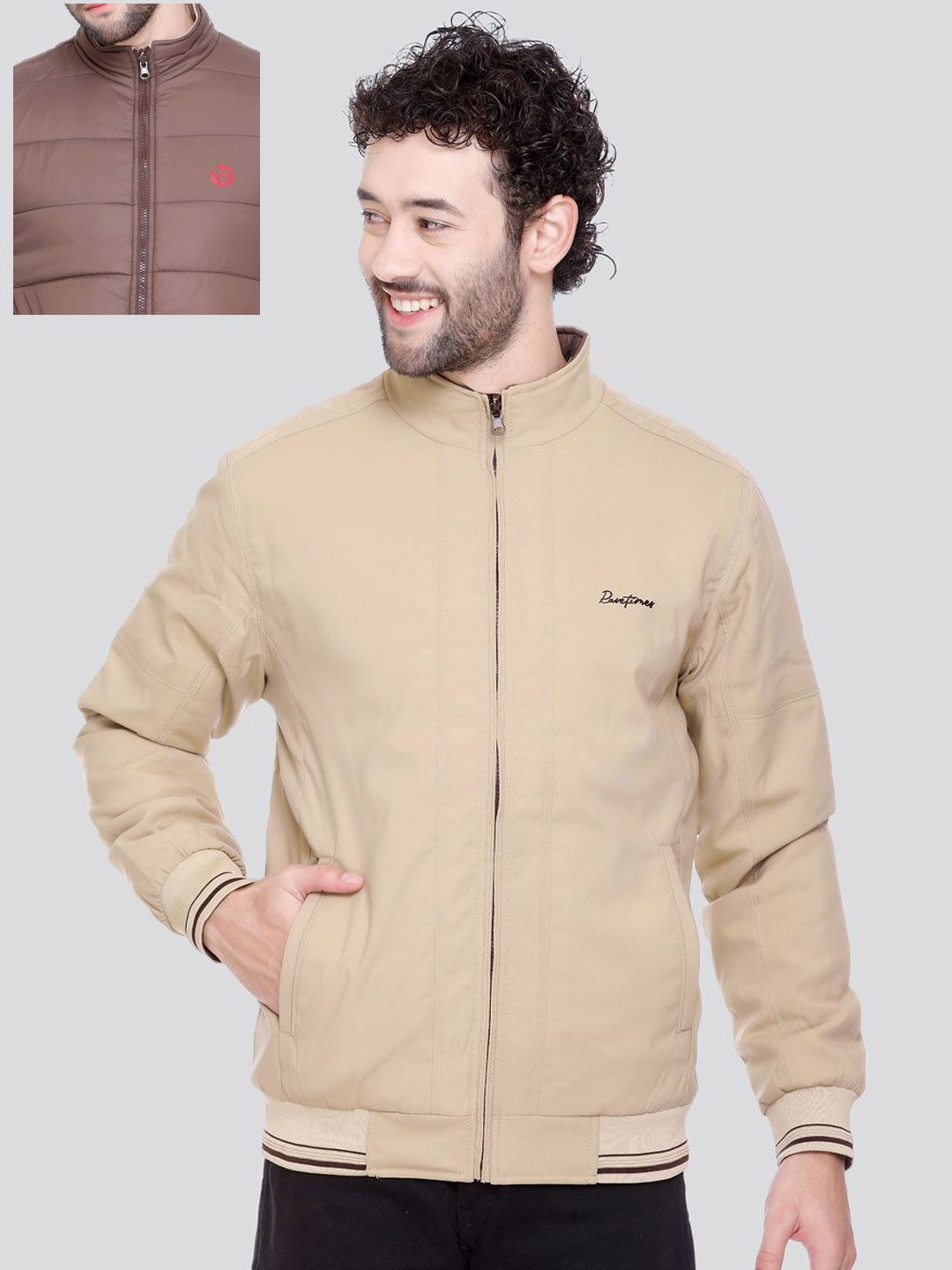 Rare Times Men Stand Collar Solid Lightweight Casual Bomber Jacket