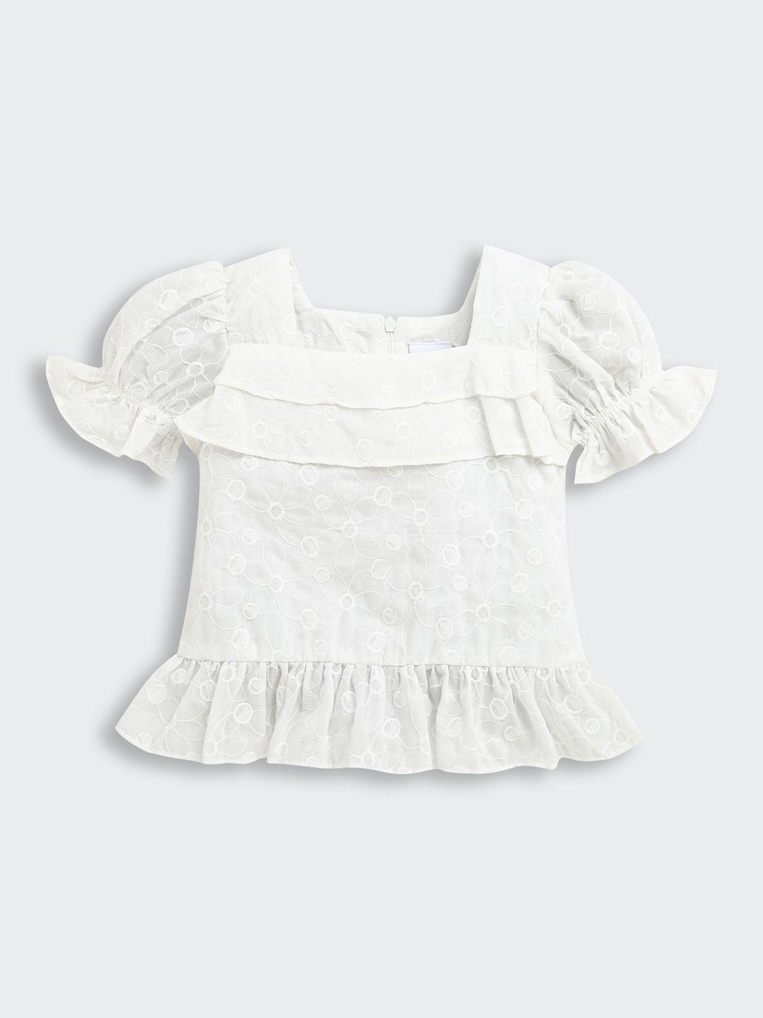 Tiny Girl Floral Embroidered Square Neck Puff Sleeve Cotton Top