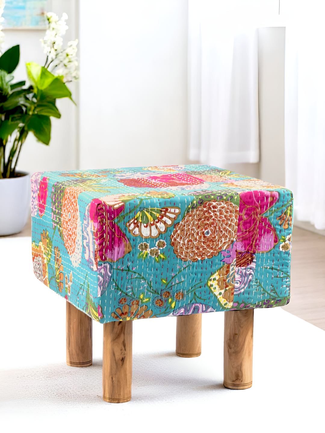 Ikiriya Green Printed Wooden Square Ottomans
