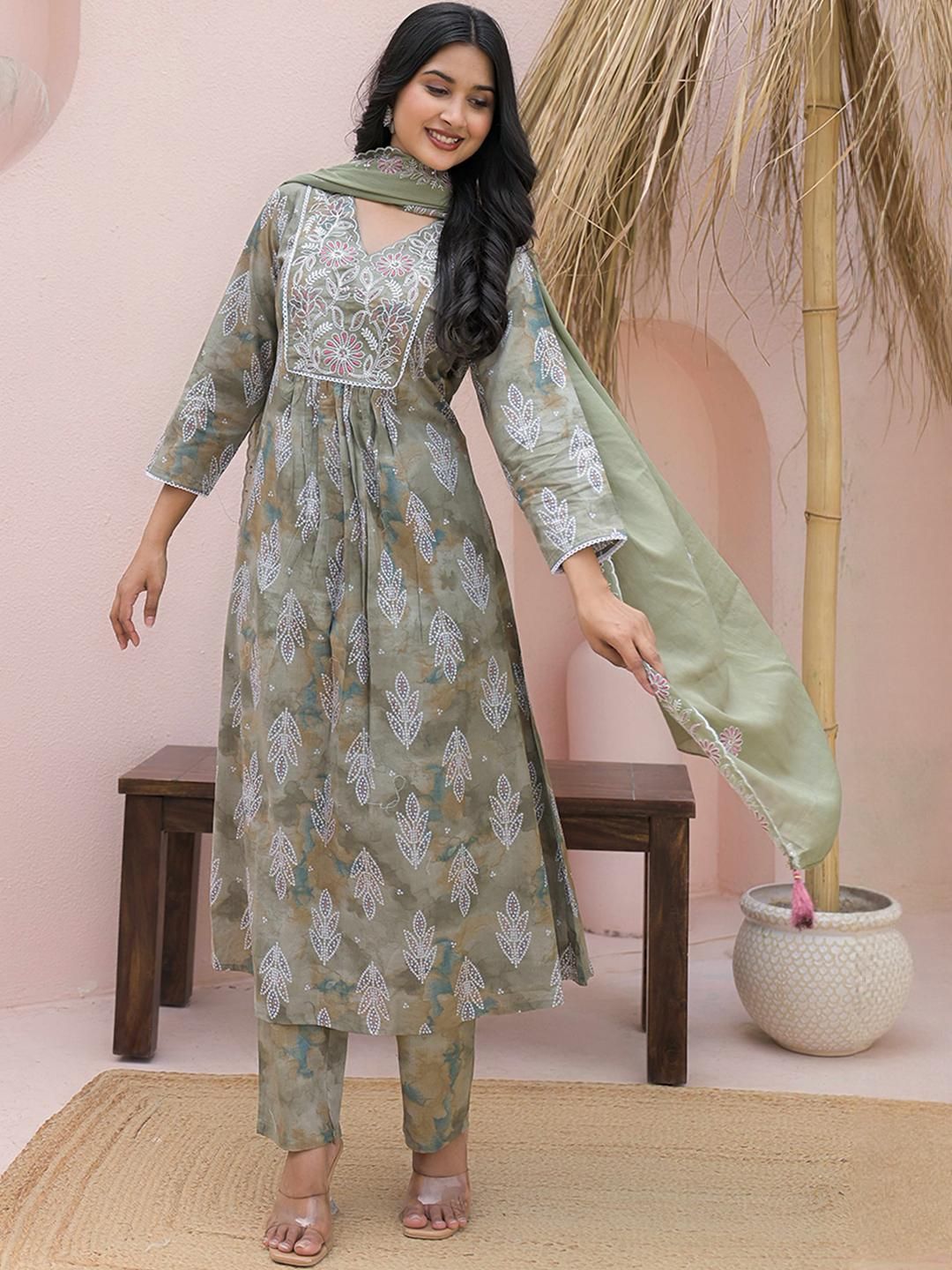Peachmode Women Thread Work Pure Cotton Kurti with Trousers & With Dupatta