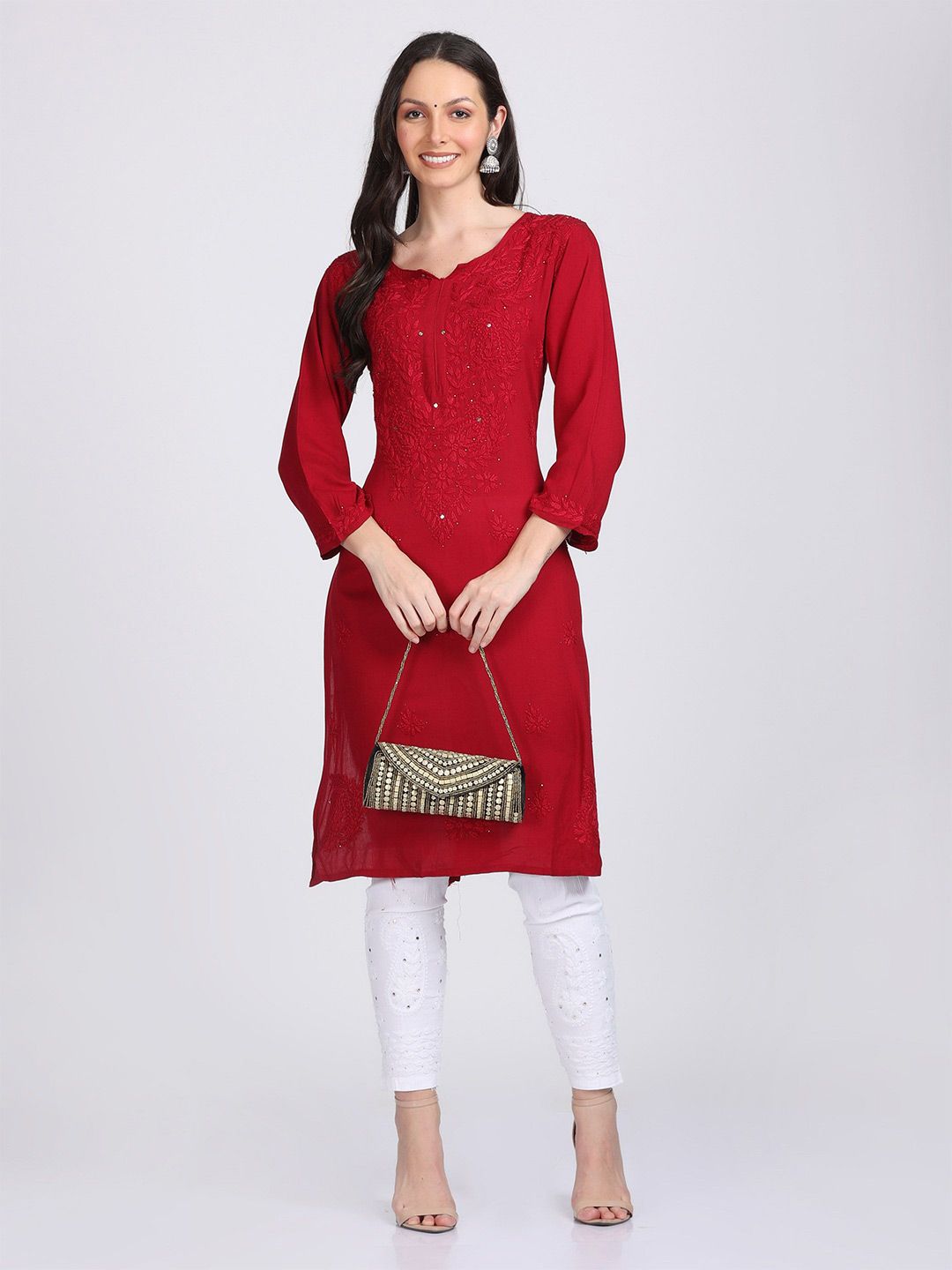 KHAKA Ethnic Motifs Embroidered Chikankari Straight Kurta