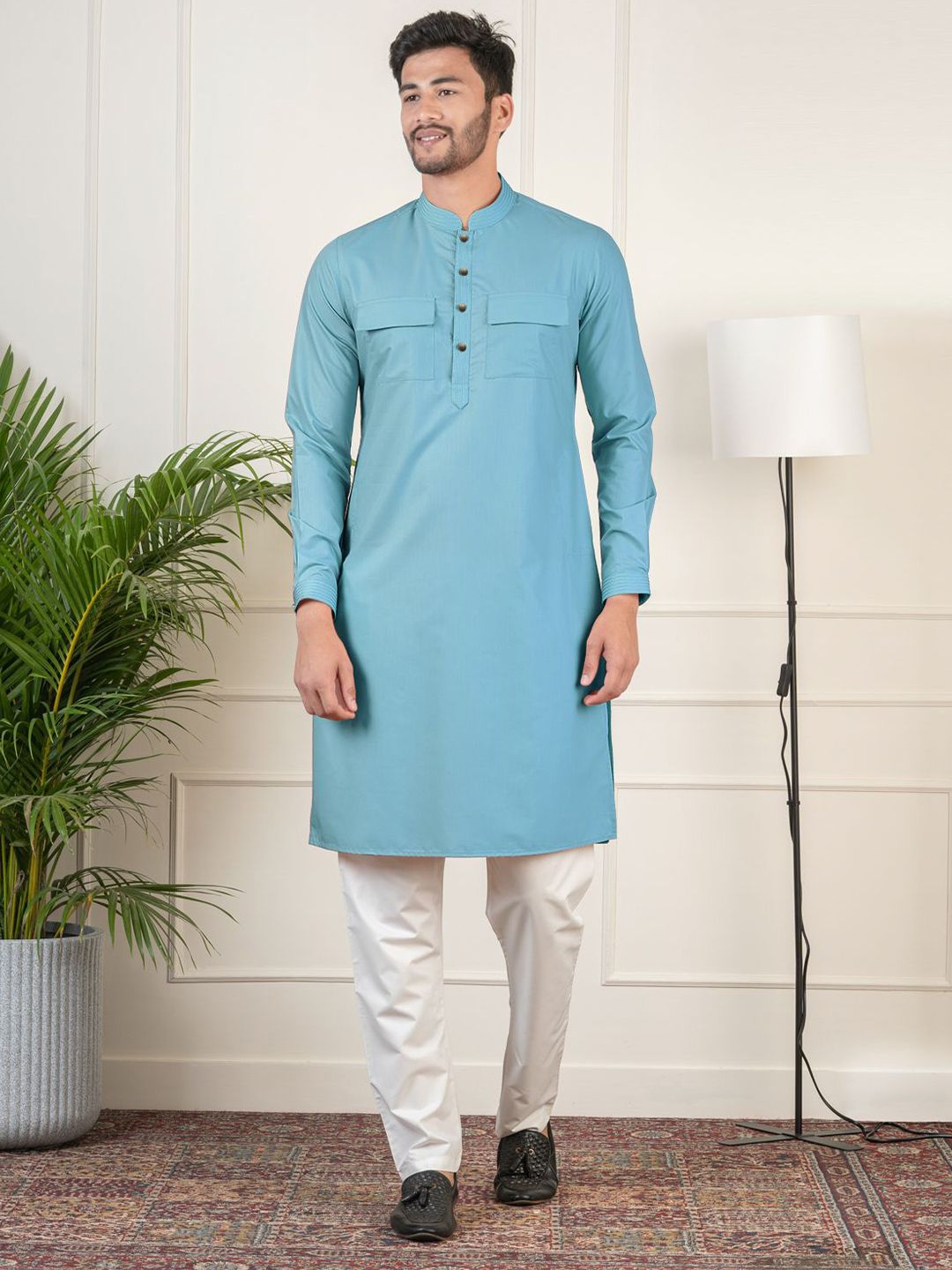 TheEthnic.Co Patch Pocket Detail Pure Cotton Pathani Kurta