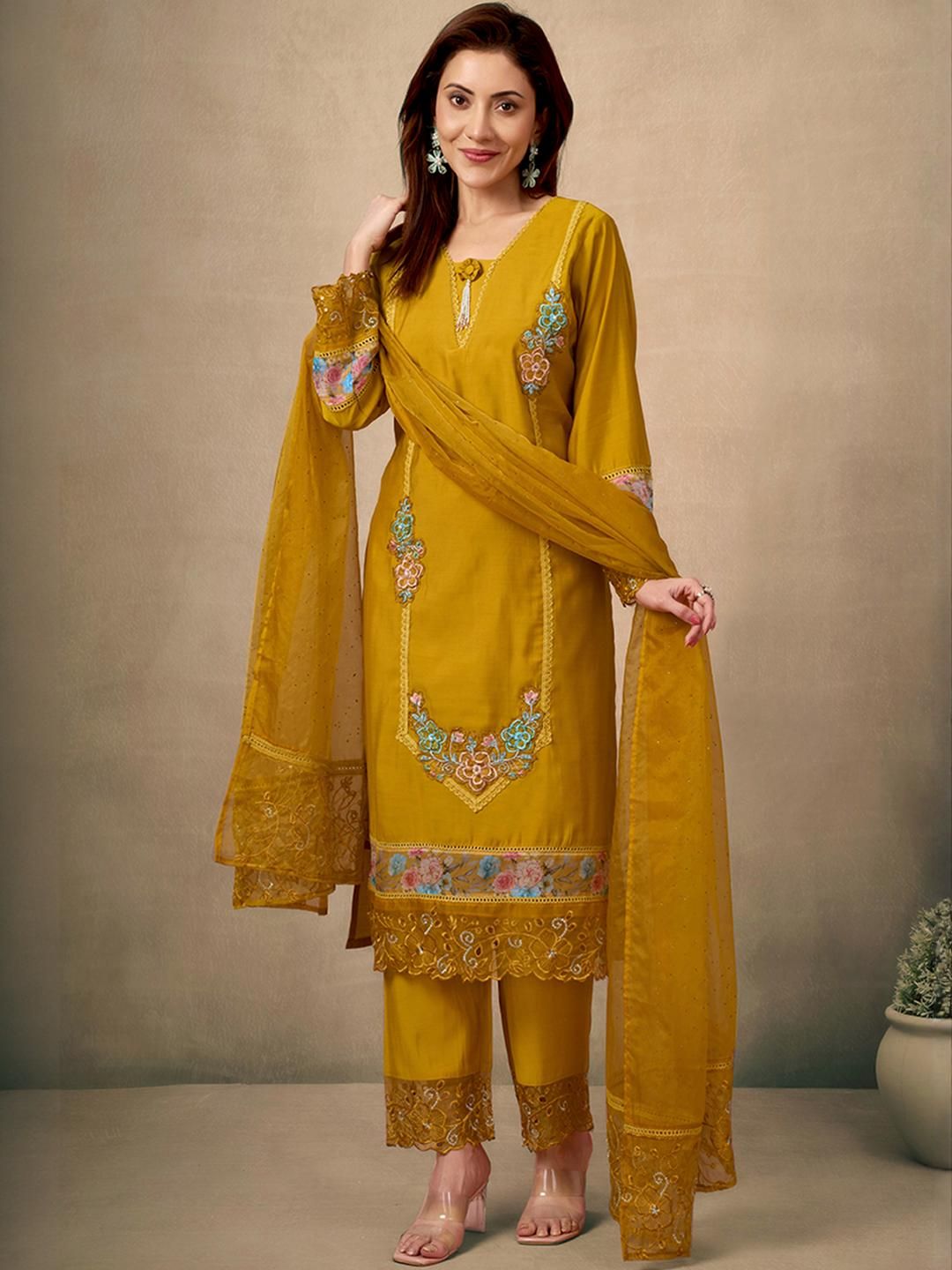 Mustard Floral Patchwork Embroidered Chanderi Straight Salwar Suit