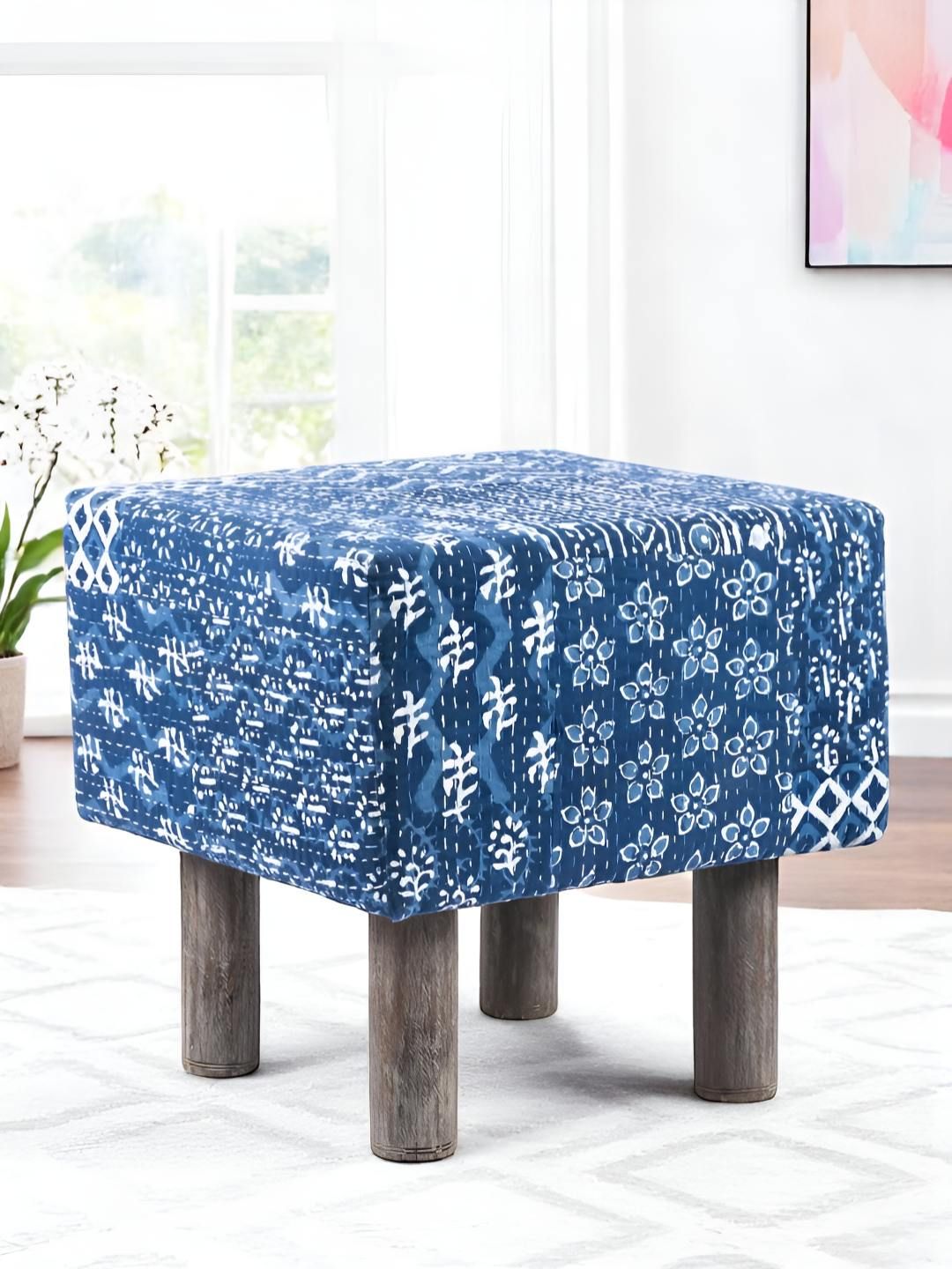 Ikiriya Blue Printed Wooden Square Ottomans
