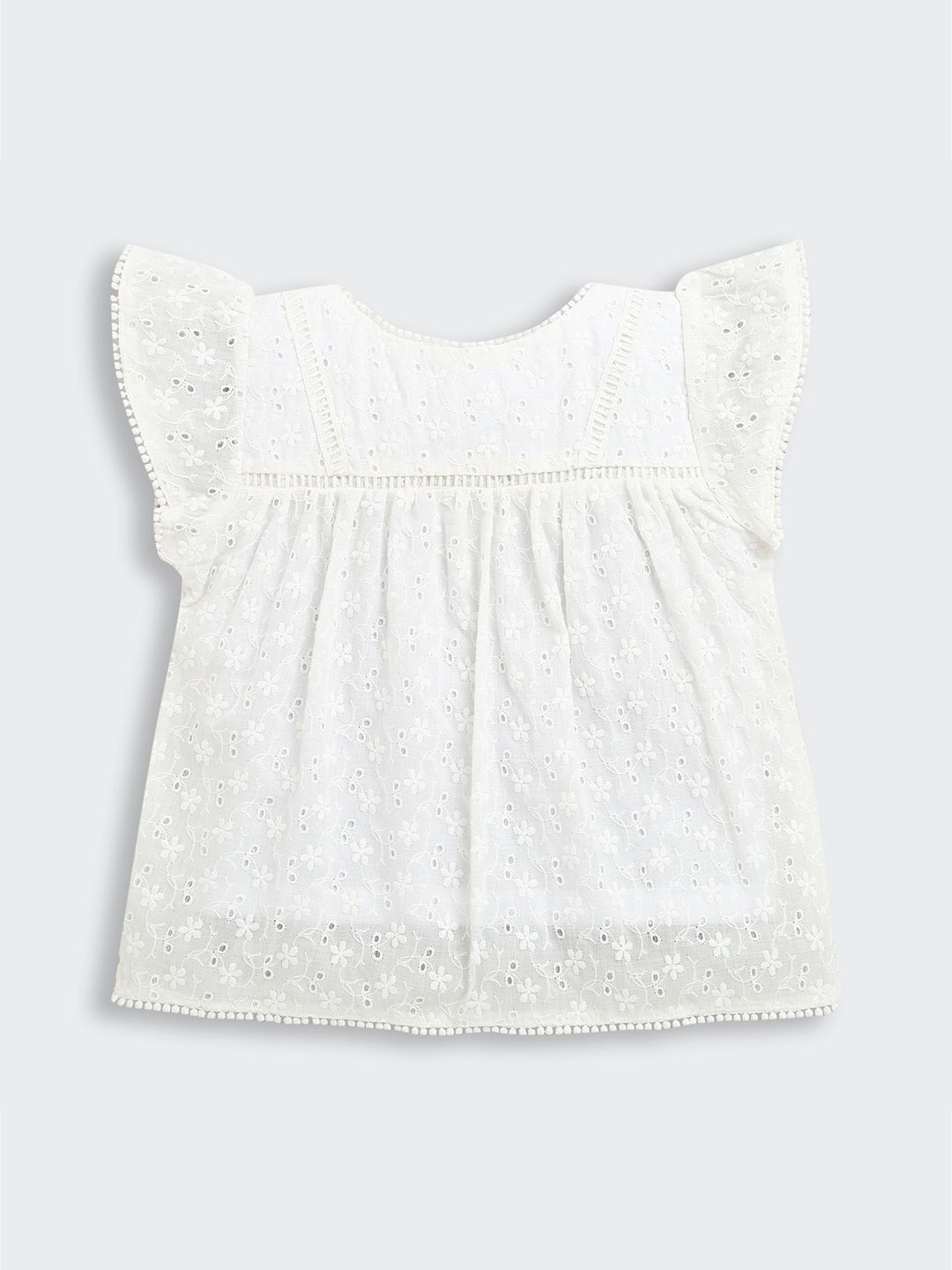 Tiny Girl's Floral Self Design Flutter Sleeve Cotton Peplum Top