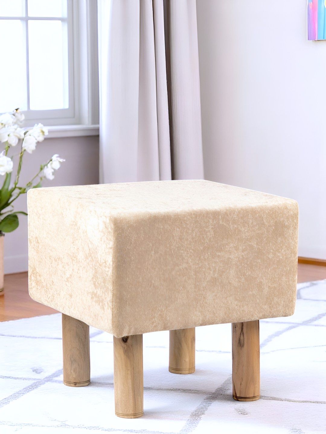 Ikiriya Beige Wooden Square Ottomans