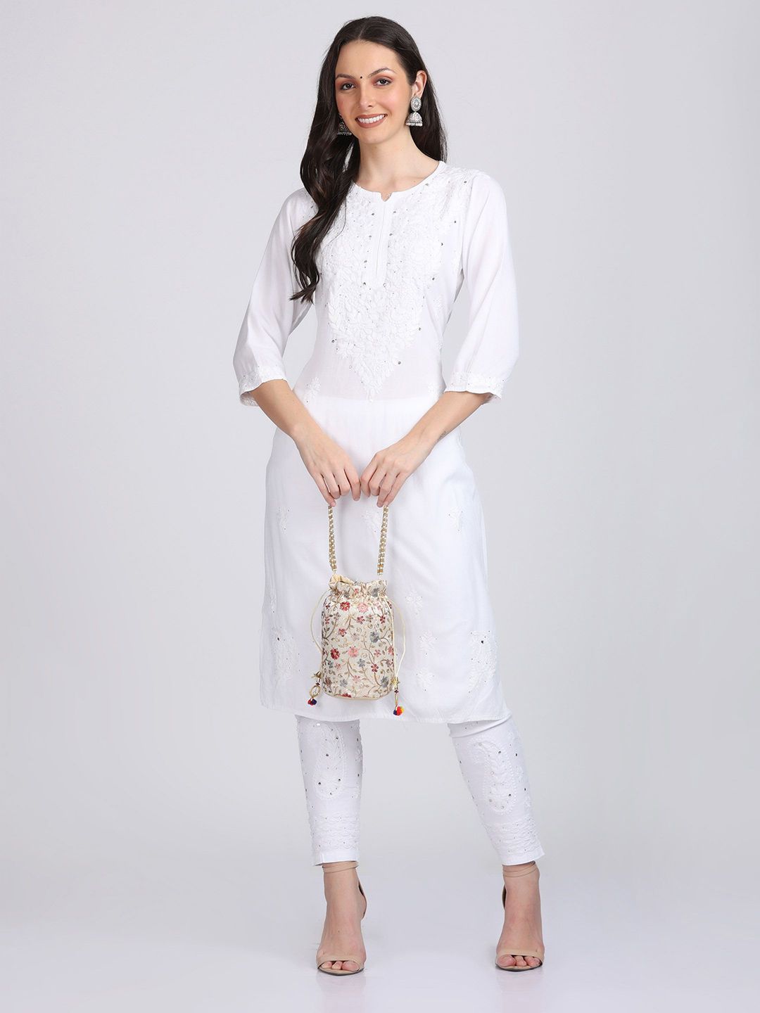 KHAKA Women Embroidered Regular Straight Knee Length Kurta