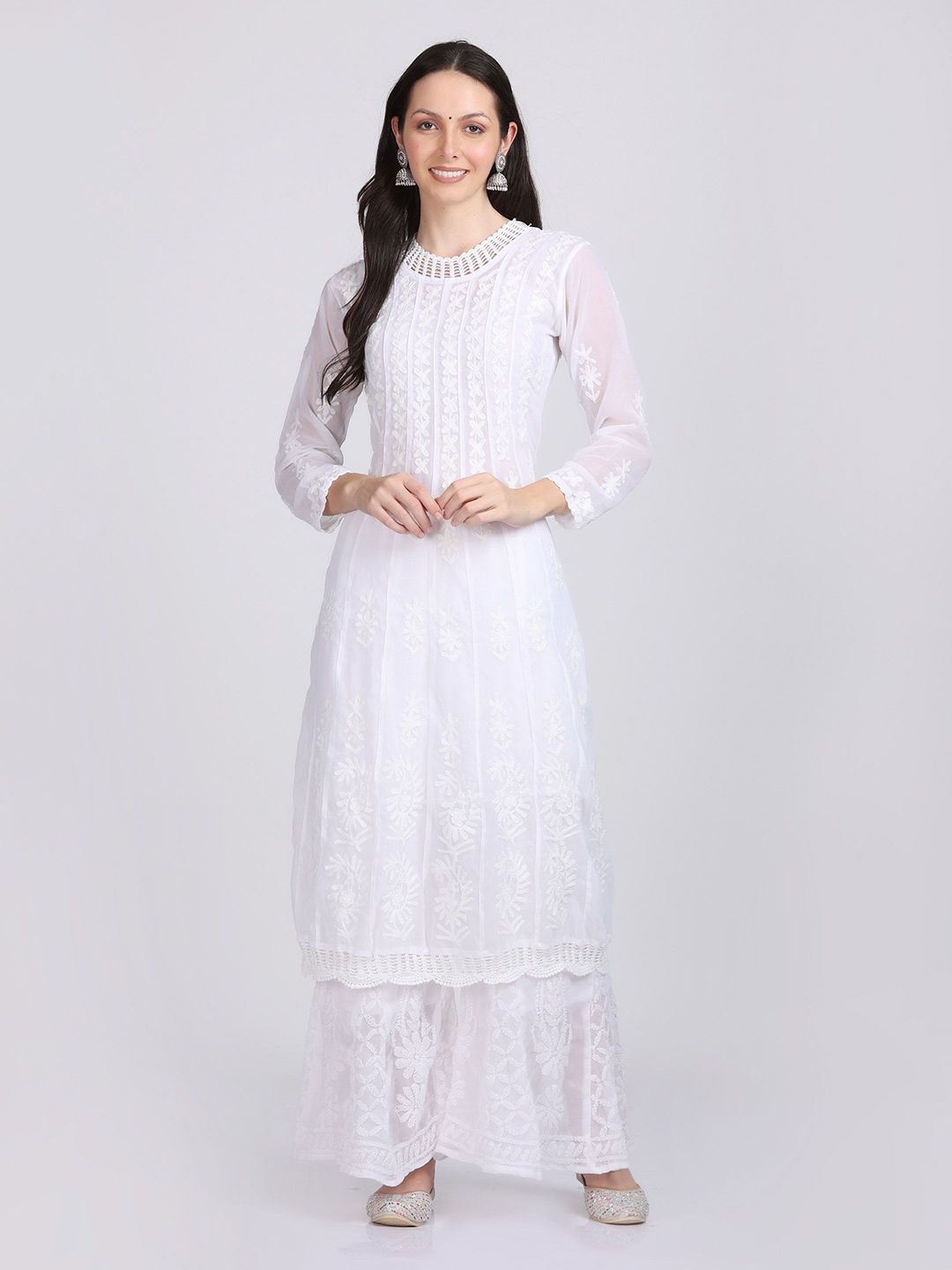KHAKA Embroidered Round Neck Chikankari Chiffon A Line Kurta