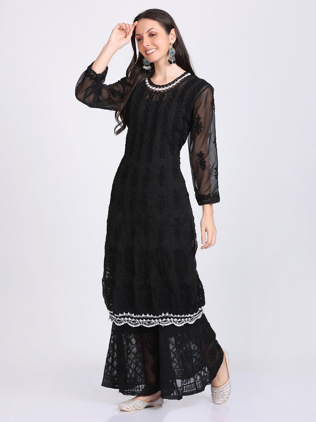 KHAKA Embroidered Round Neck Chikankari Chiffon A Line Kurta