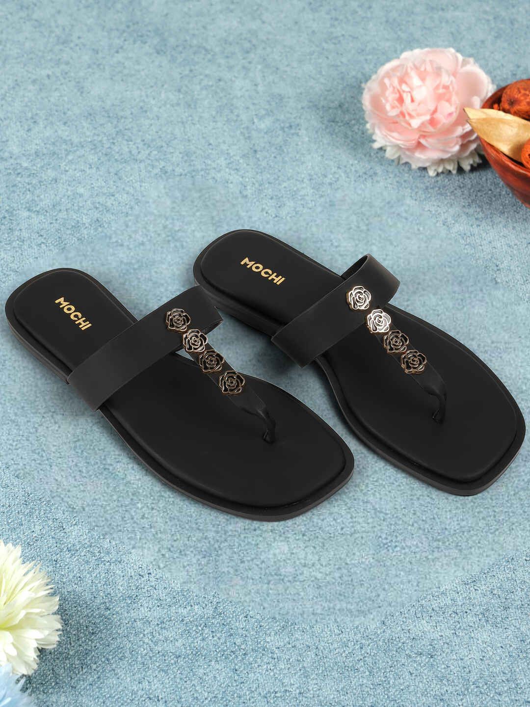 Mochi Women Embellished Open Toe T-Strap Flats