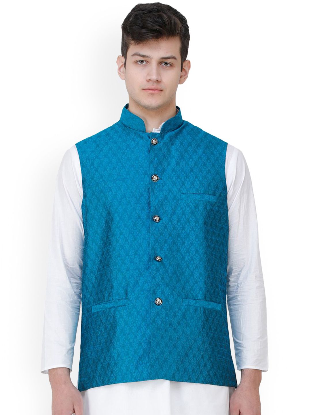 Exotic India Floral Printed Woven Nehru Jacket