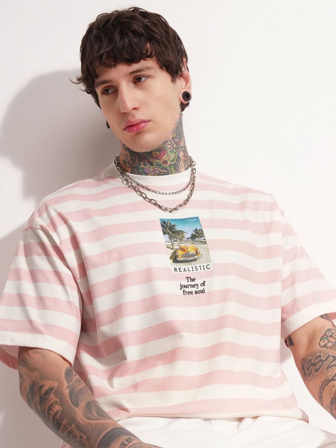 HIGHLANDER Striped Round Neck Drop-Shoulder Sleeves Oversized T-shirt