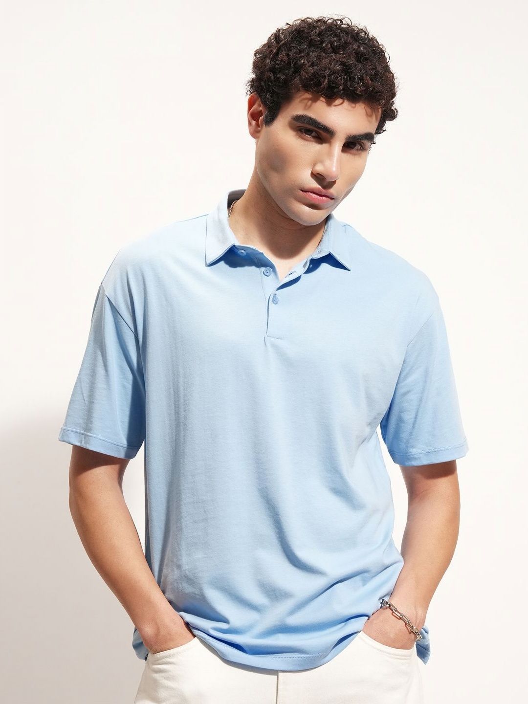 HIGHLANDER Polo Collar Drop-Shoulder Sleeves Relaxed Fit Cotton T-shirt