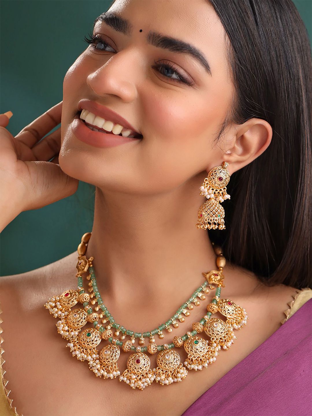 Gold-Plated Jewellery Set Yellow Chimes Gold-Plated Stone-Studded Traditional Layered Jewellery Set