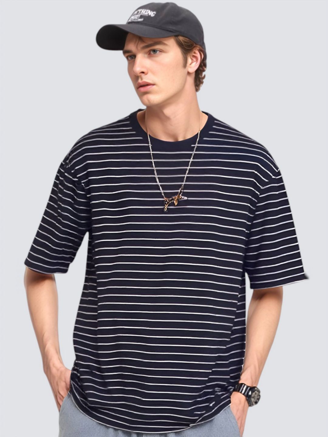 LAUREN ADAMS Striped Round Neck Oversized Cotton T-shirt