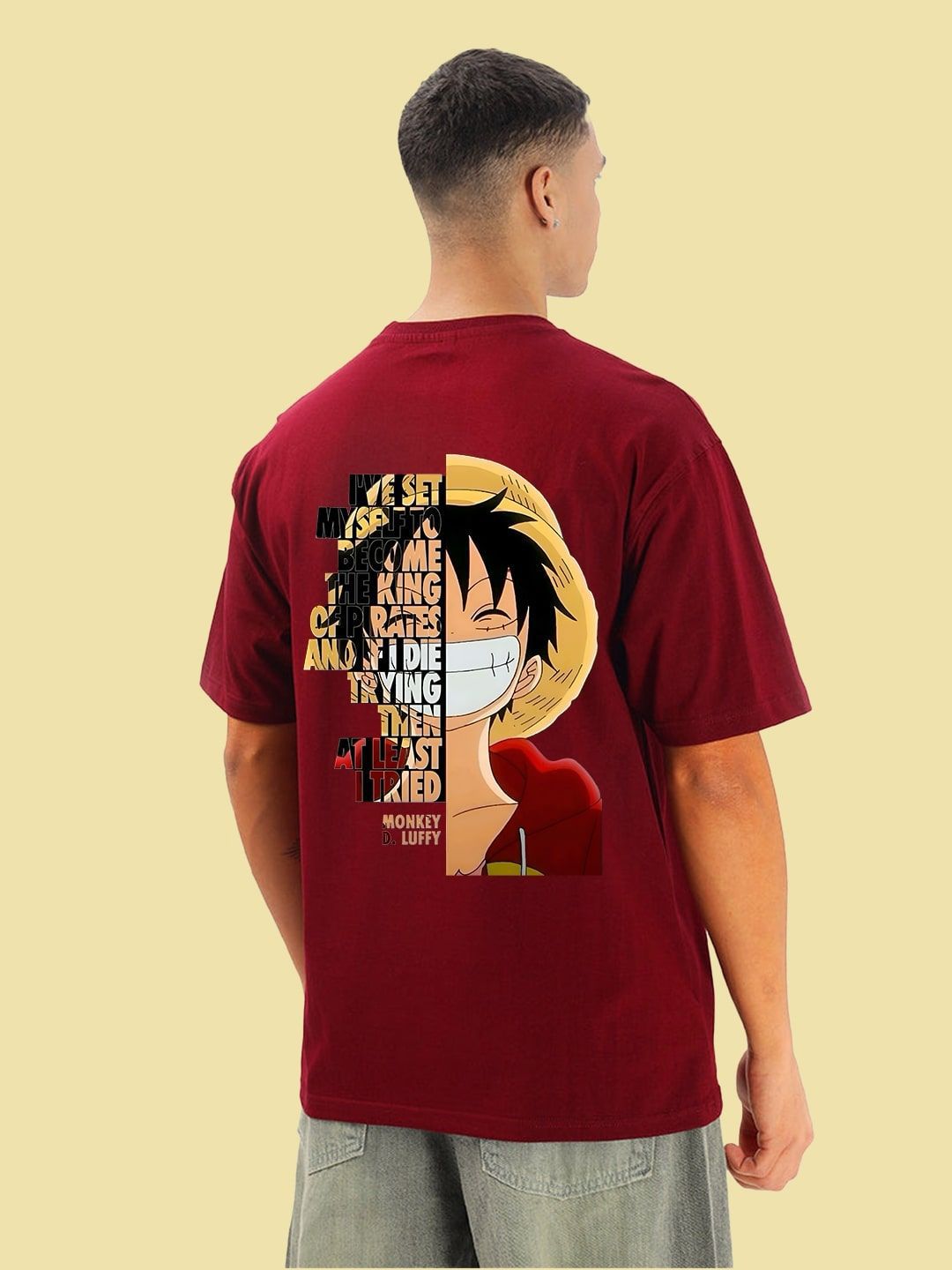 BDSQUARE Men Monkey D Luffy Typography Printed Round Neck Cotton Oversized T-shirt