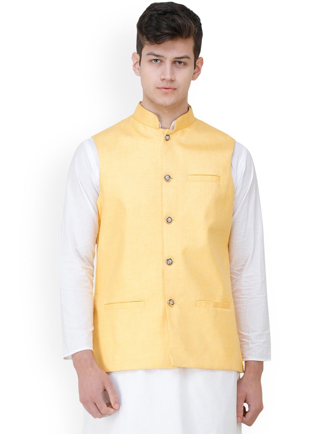 Exotic India Men Solid Mandarin Collar Nehru Jacket With Front Pockets