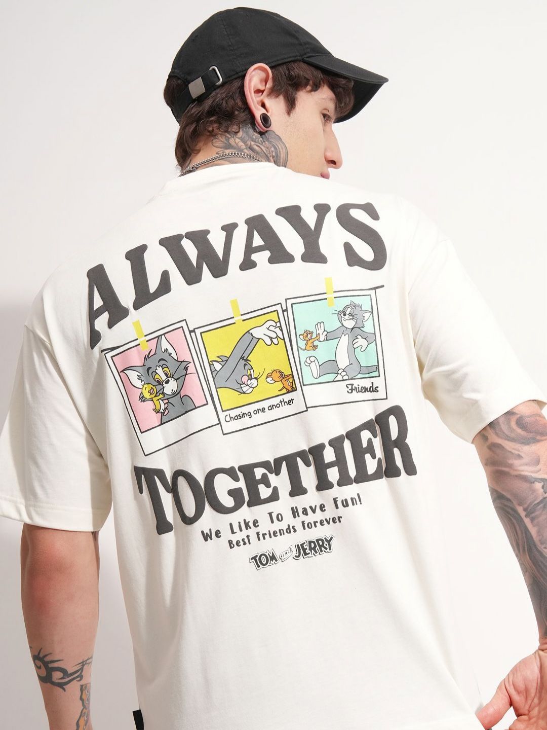 HIGHLANDER  Tom & Jerry Graphic Printed Drop-Shoulder Sleeves Oversized Cotton T-shirt