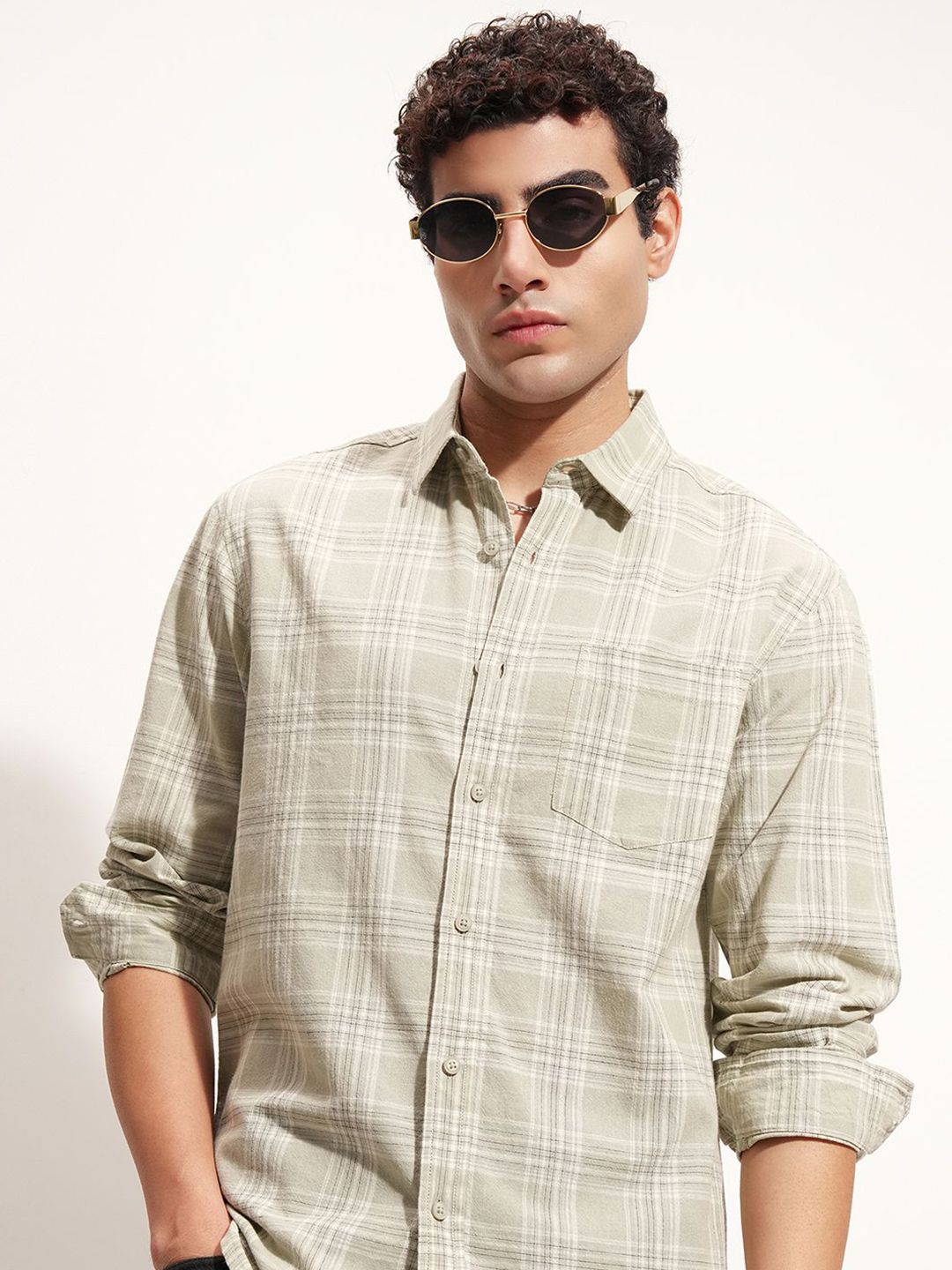 HIGHLANDER HIGHLANDER Checked Cutaway Collar Cotton Casual Shirt