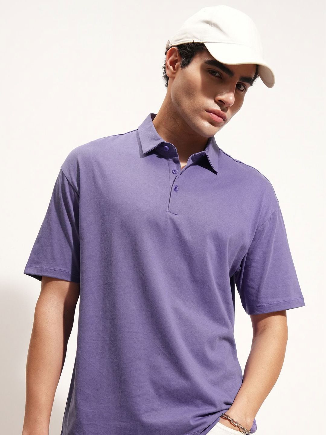 HIGHLANDER Polo Collar Drop-Shoulder Sleeves Cotton Relaxed Fit T-shirt