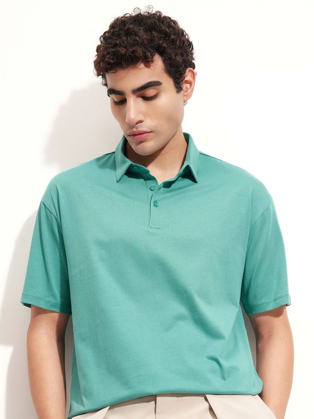 HIGHLANDER Polo Collar Drop-Shoulder Sleeves Relaxed Fit Cotton T-shirt