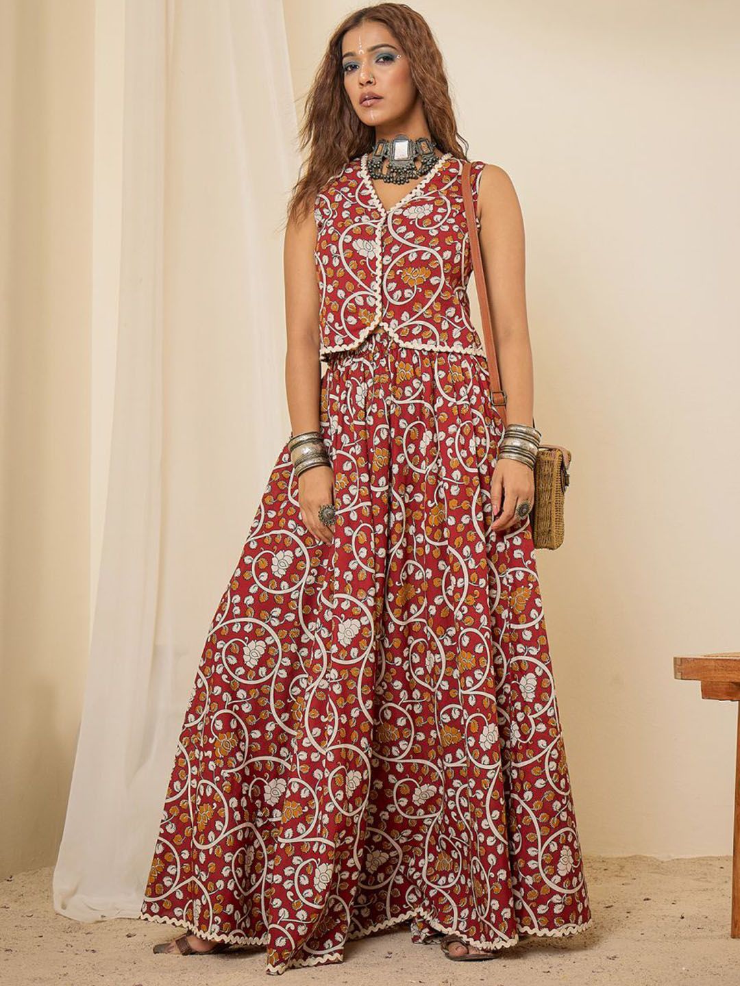WineRed Printed Pure Cotton V Neck Waistcoat With Skirt Co-Ords